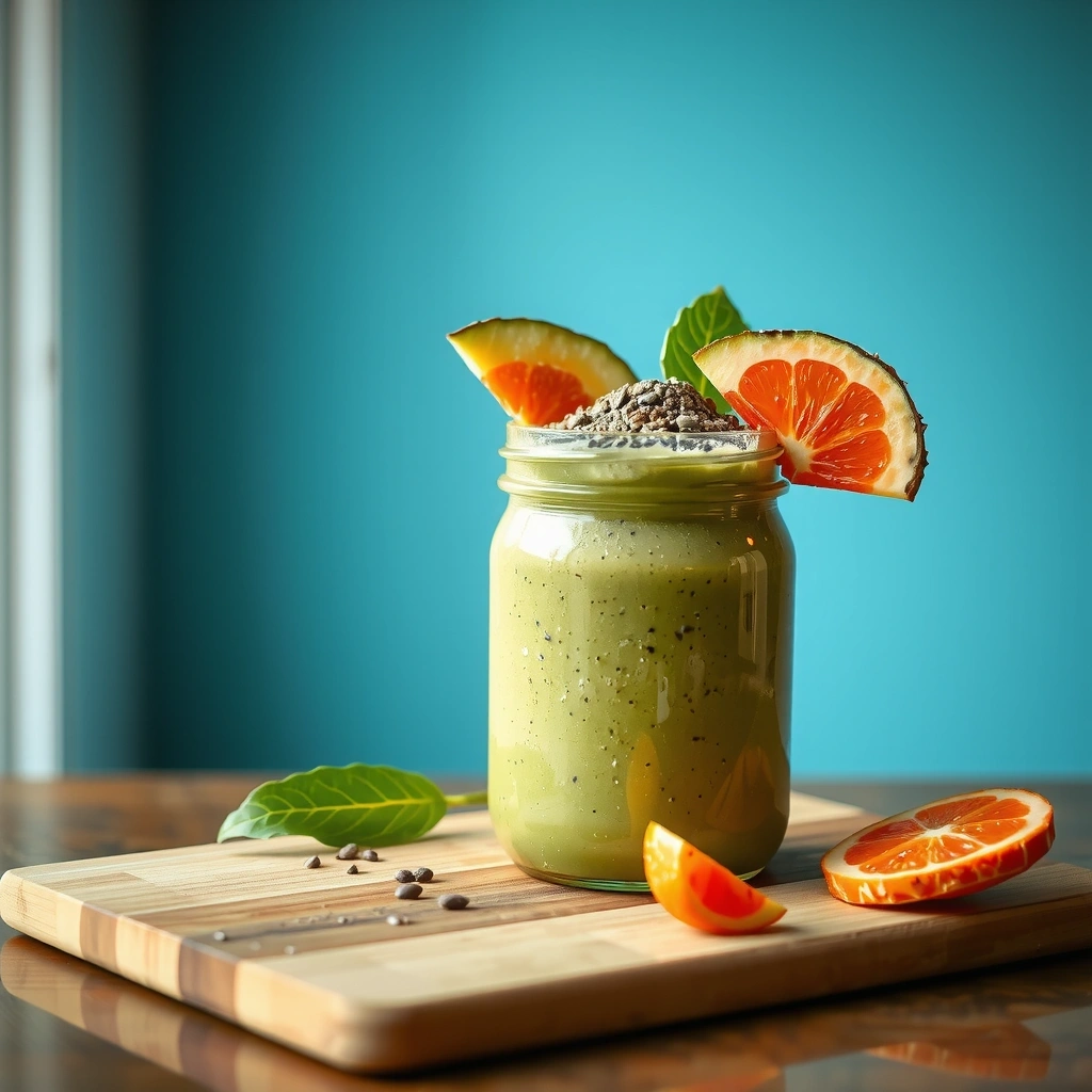 Green smoothie bowl with tropical ingredients and chia seeds in a glass jar