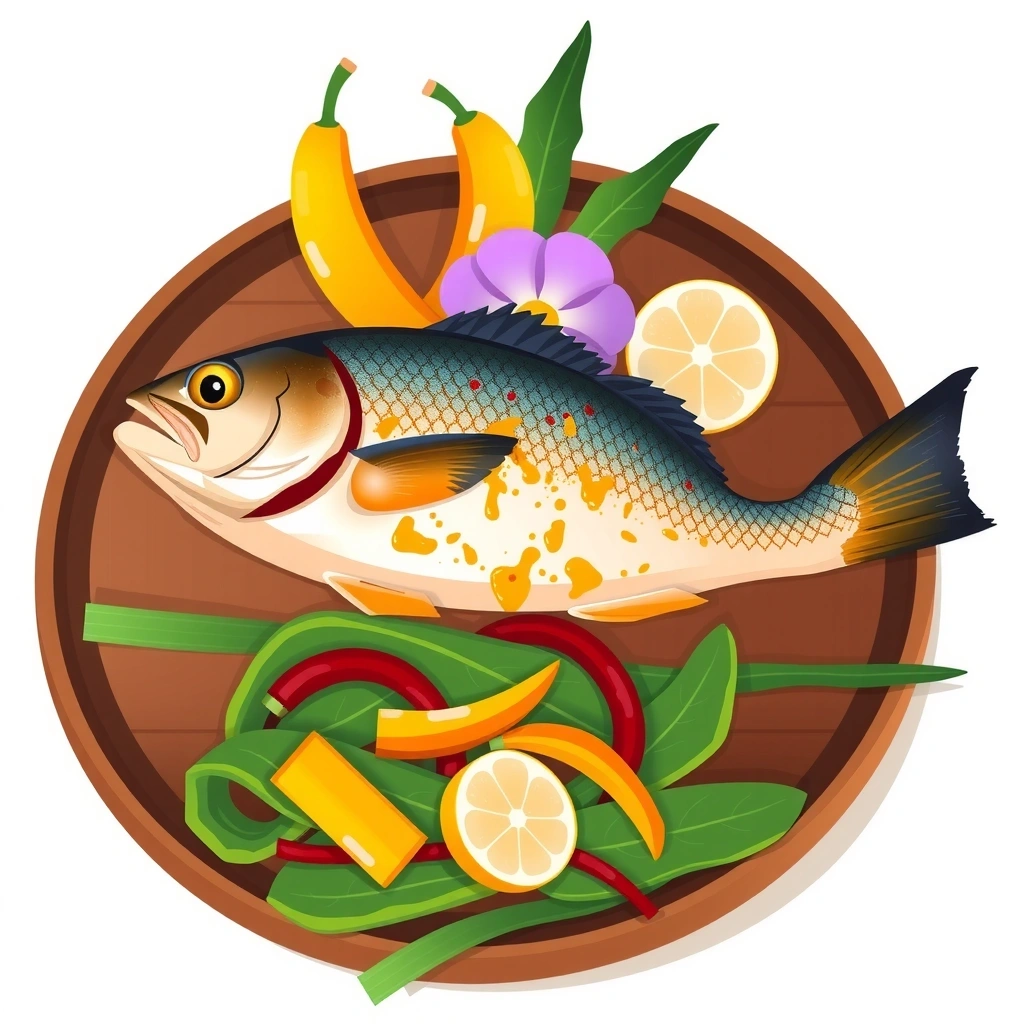 Grilled fish with Indonesian herbs and spices on a bed of vegetables