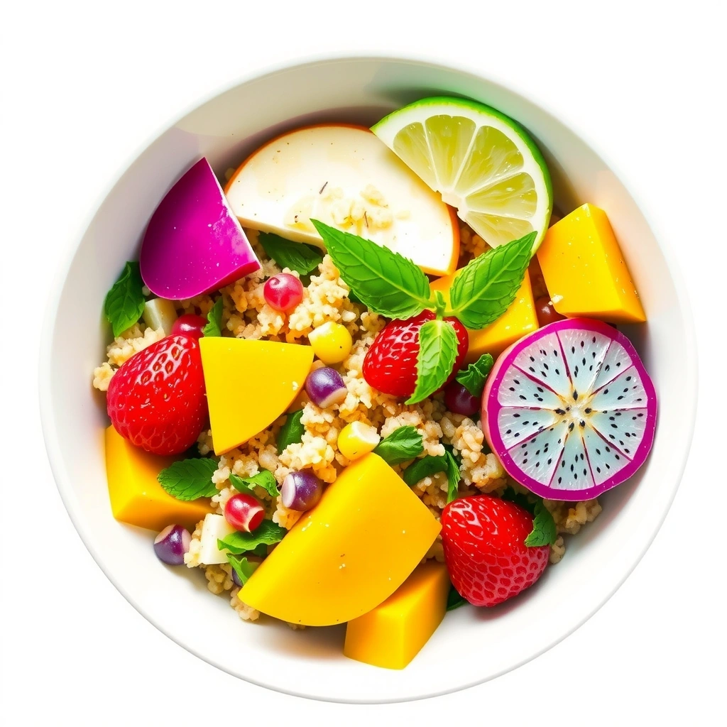 Quinoa salad with tropical fruits and fresh herbs in a bowl